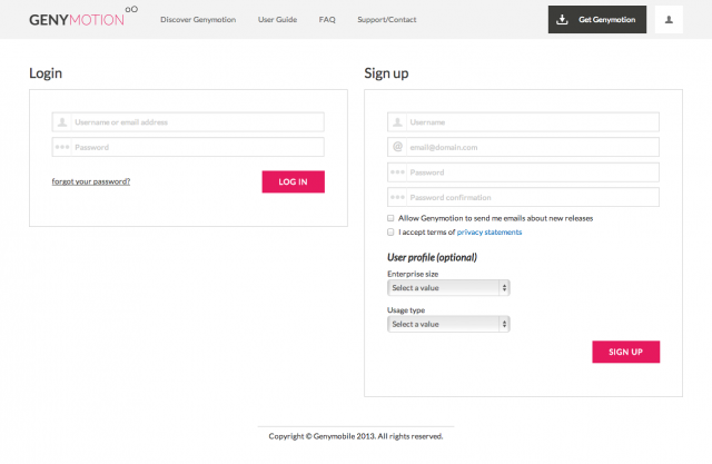 genymotion sign up genymotion sign up