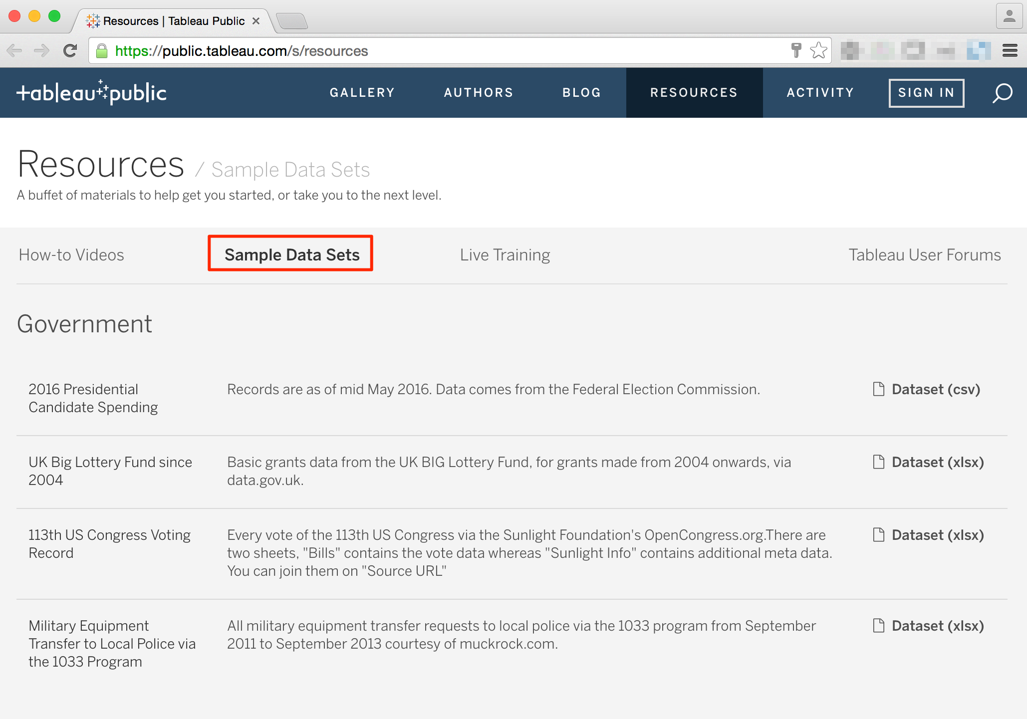 tableau public download sample datasets fail