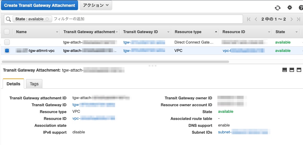 VPCのTransit Gateway Attachmentの確認