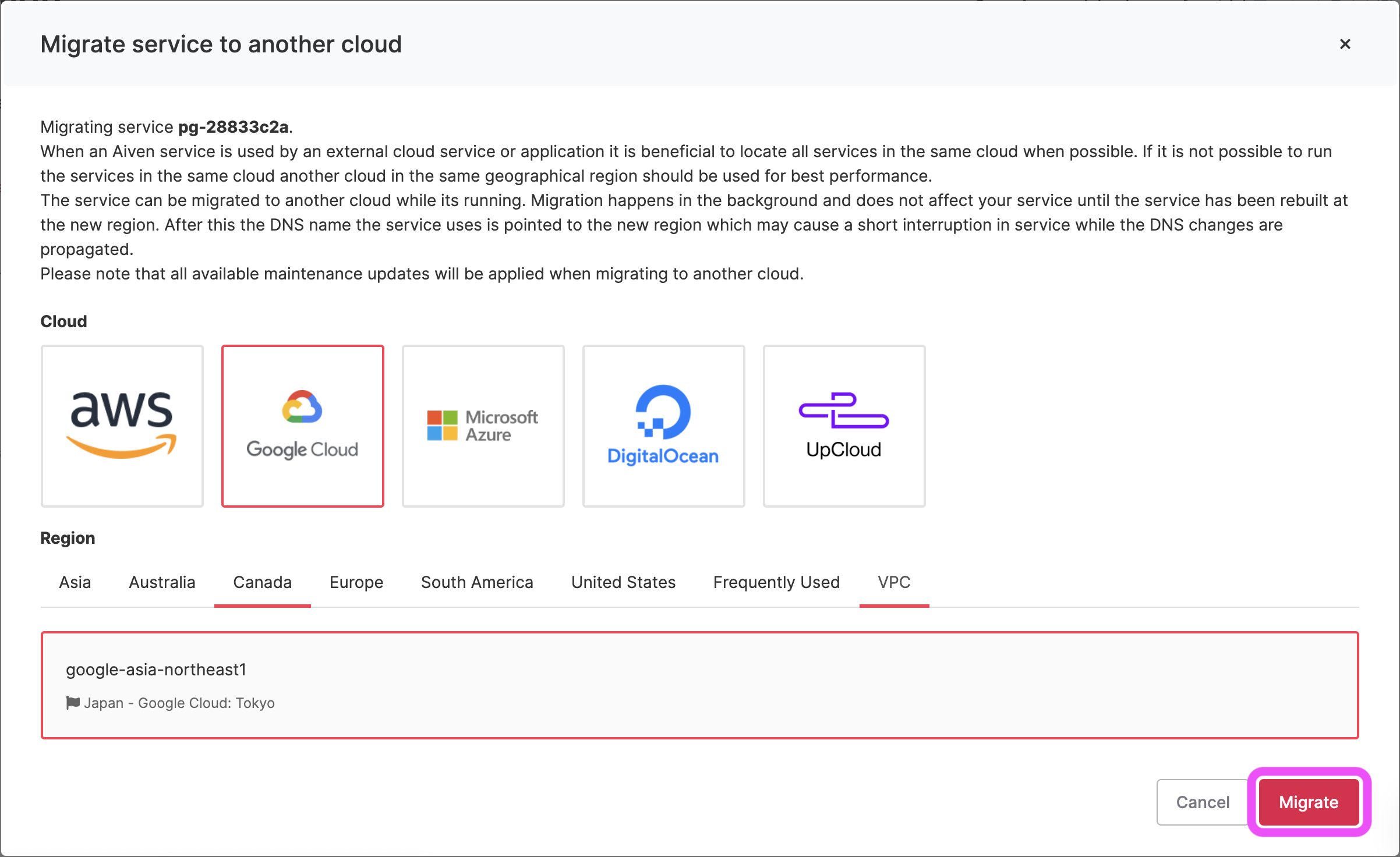 Migrate service to another cloud