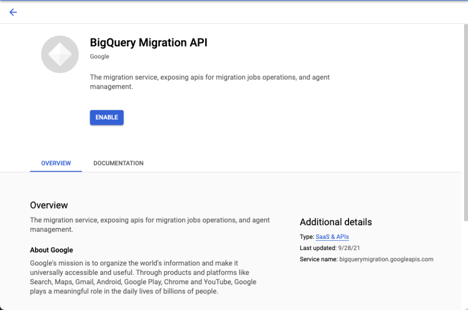 BigQuery Migration API の有効化